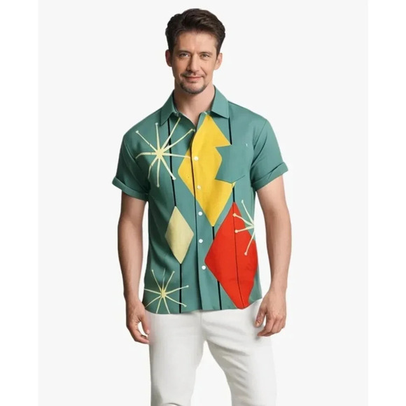 ❤️Men Green Print Short Sleeve Hawaiian Fit Casual  Button Down Beach Shirts - Picture 2 of 7